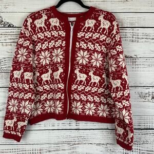 Women's Croft & Barrow Silk Blend Reindeer Snowflake Red Cream Zip Cardigan Sz L